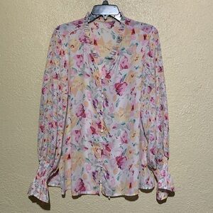 Floral Top Blouse XL Multi-color Purple Pink Long Sleeve V-Neck Front Buttons